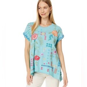 Johnny Was Katie Relaxed Drape Tee Shirt Marine Blue Top Floral Embroidery XS